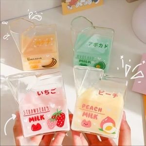 Glass cup milk carton creamer juice strawberry peach banana